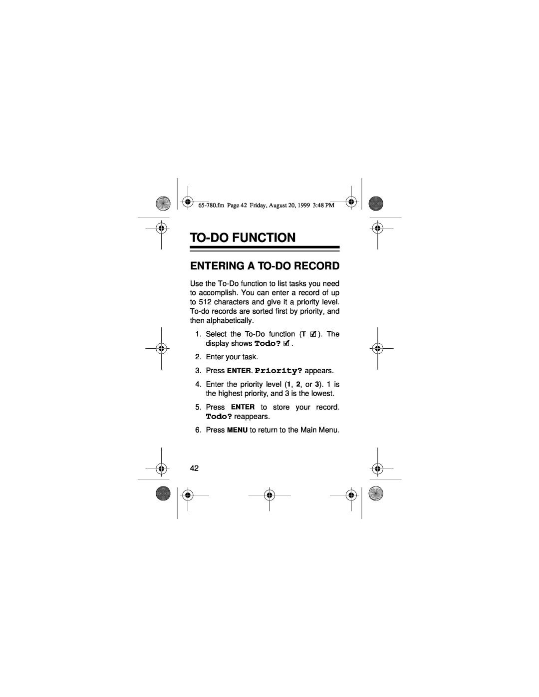 Samsung 256K owner manual To-Do Function, Entering A To-Do Record 