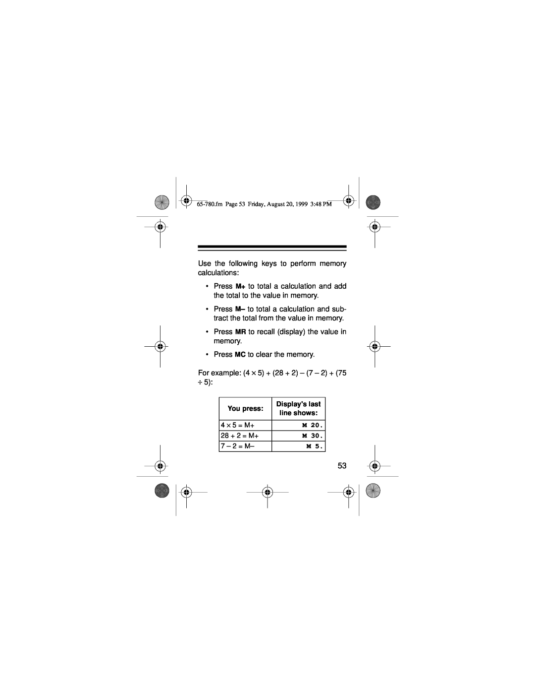 Samsung 256K owner manual Use the following keys to perform memory calculations 