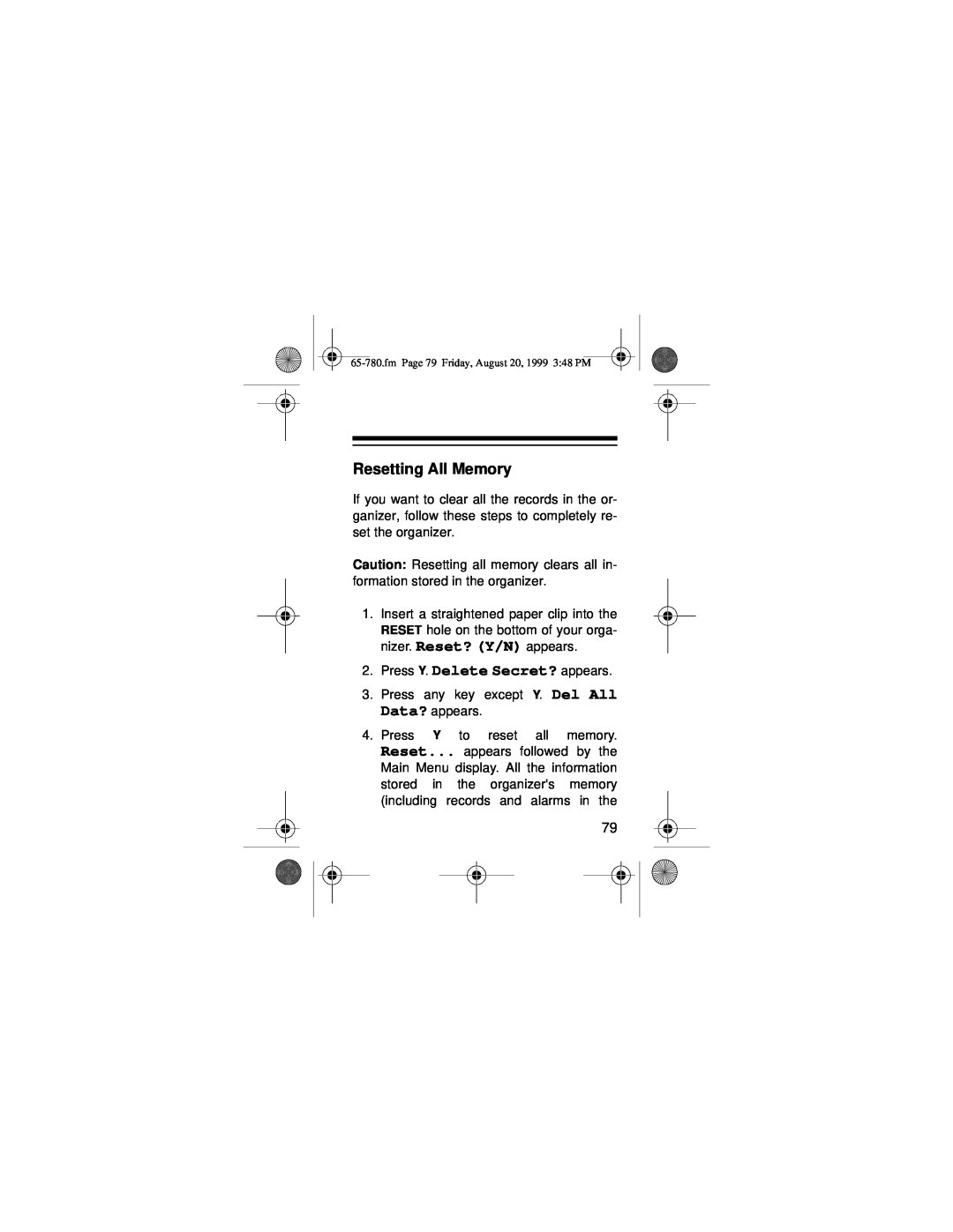 Samsung 256K owner manual Resetting All Memory, fm Page 79 Friday, August 20, 1999 348 PM 