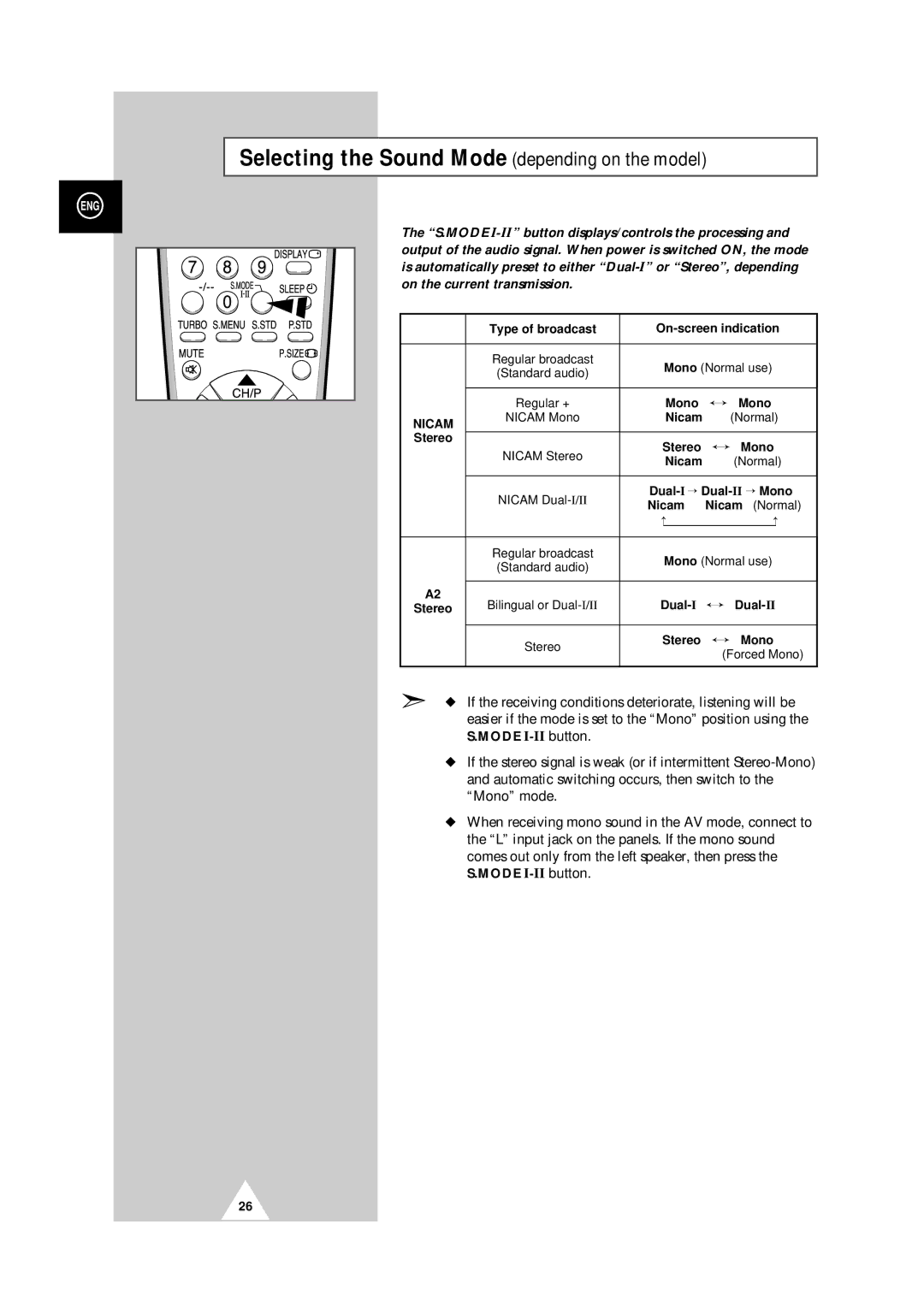 Samsung 25A6, 29A5, 29A6, 29A7, 29K3, 29K5, 29M6, 29U2, 34A7 manual Selecting the Sound Mode depending on the model 