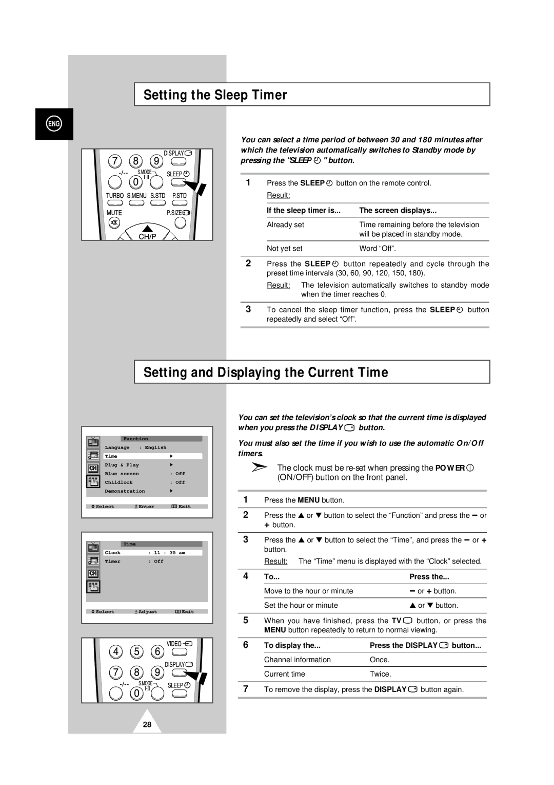 Samsung 25A6, 29A5, 29A6, 29A7, 29K3, 29K5, 29M6, 29U2, 34A7 Setting the Sleep Timer, To display Press the Display Button 