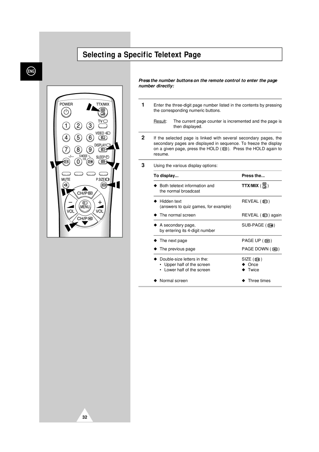 Samsung 25A6, 29A5, 29A6, 29A7, 29K3, 29K5, 29M6, 29U2, 34A7 manual Selecting a Specific Teletext, To display Press 