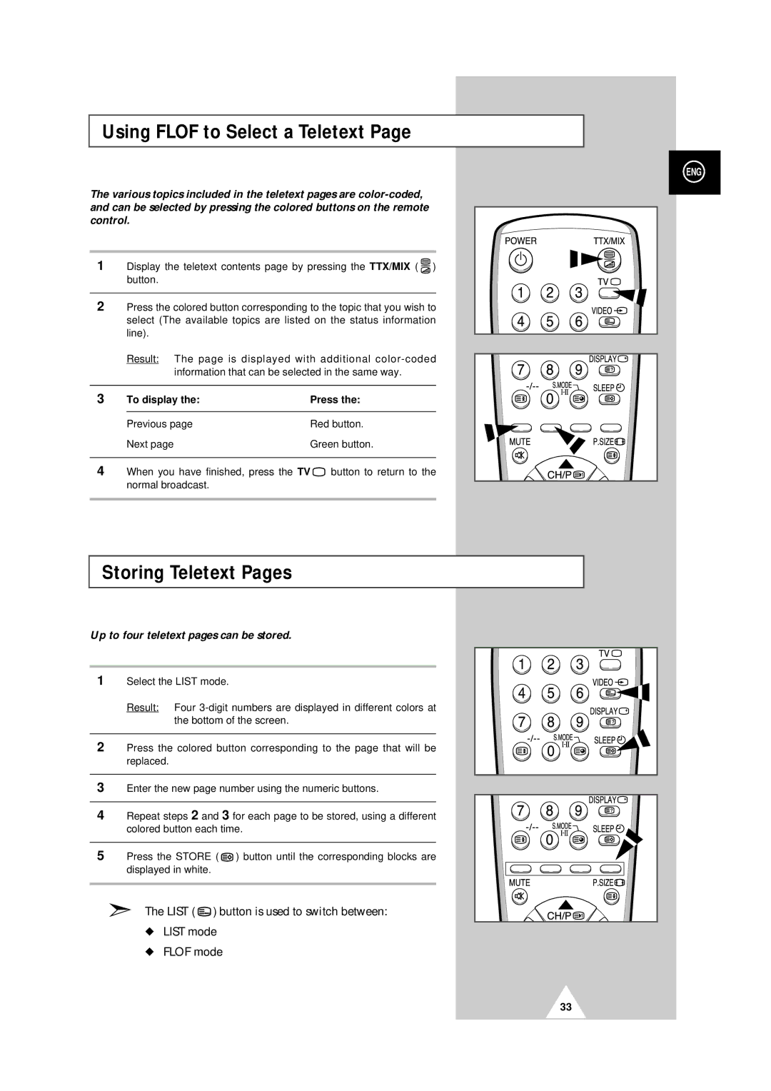 Samsung 25A6, 29A5, 29A6, 29A7, 29K3, 29K5, 29M6, 29U2, 34A7 manual Using Flof to Select a Teletext, Storing Teletext Pages 