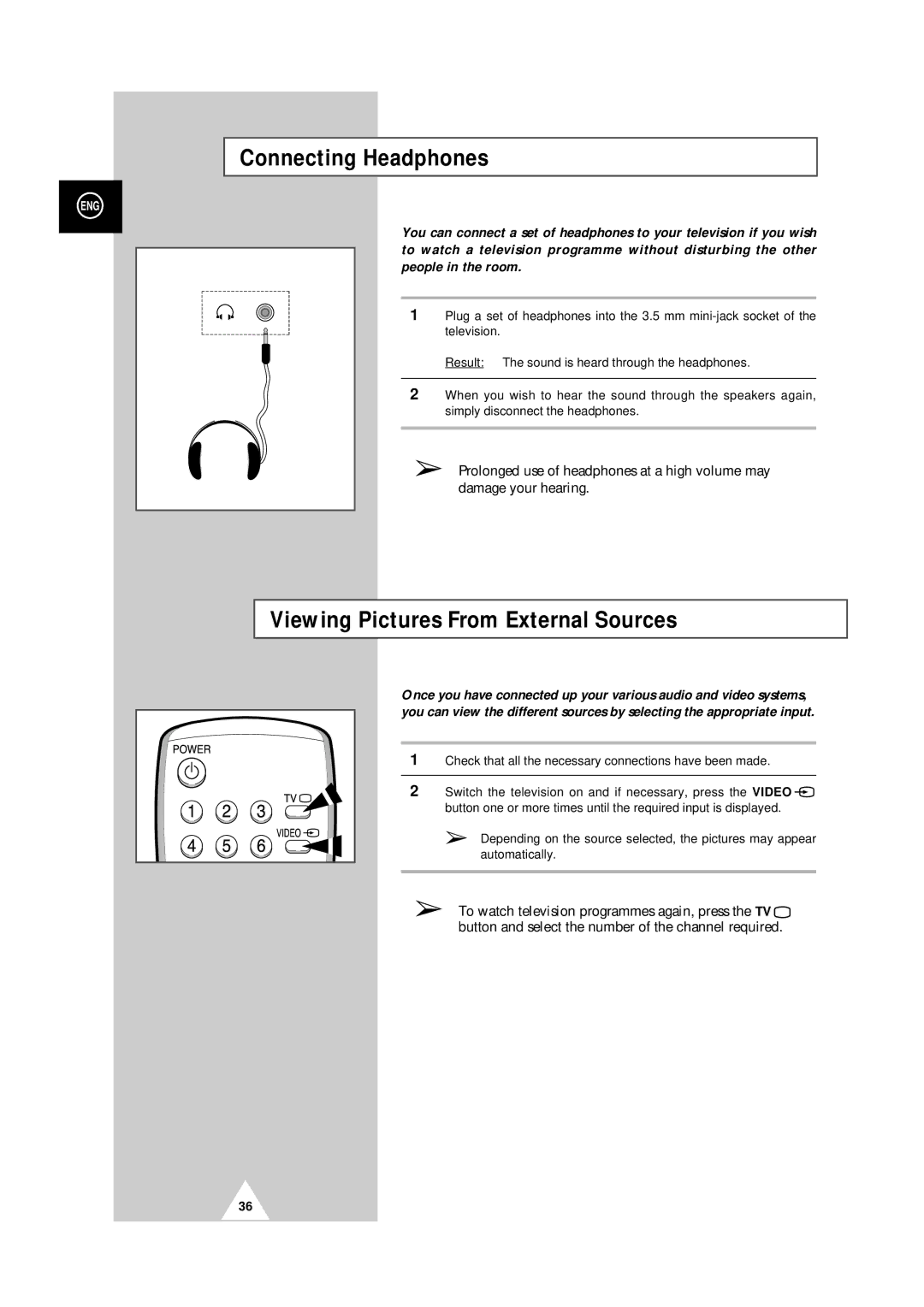 Samsung 25A6, 29A5, 29A6, 29A7, 29K3, 29K5, 29M6, 29U2, 34A7 Connecting Headphones, Viewing Pictures From External Sources 