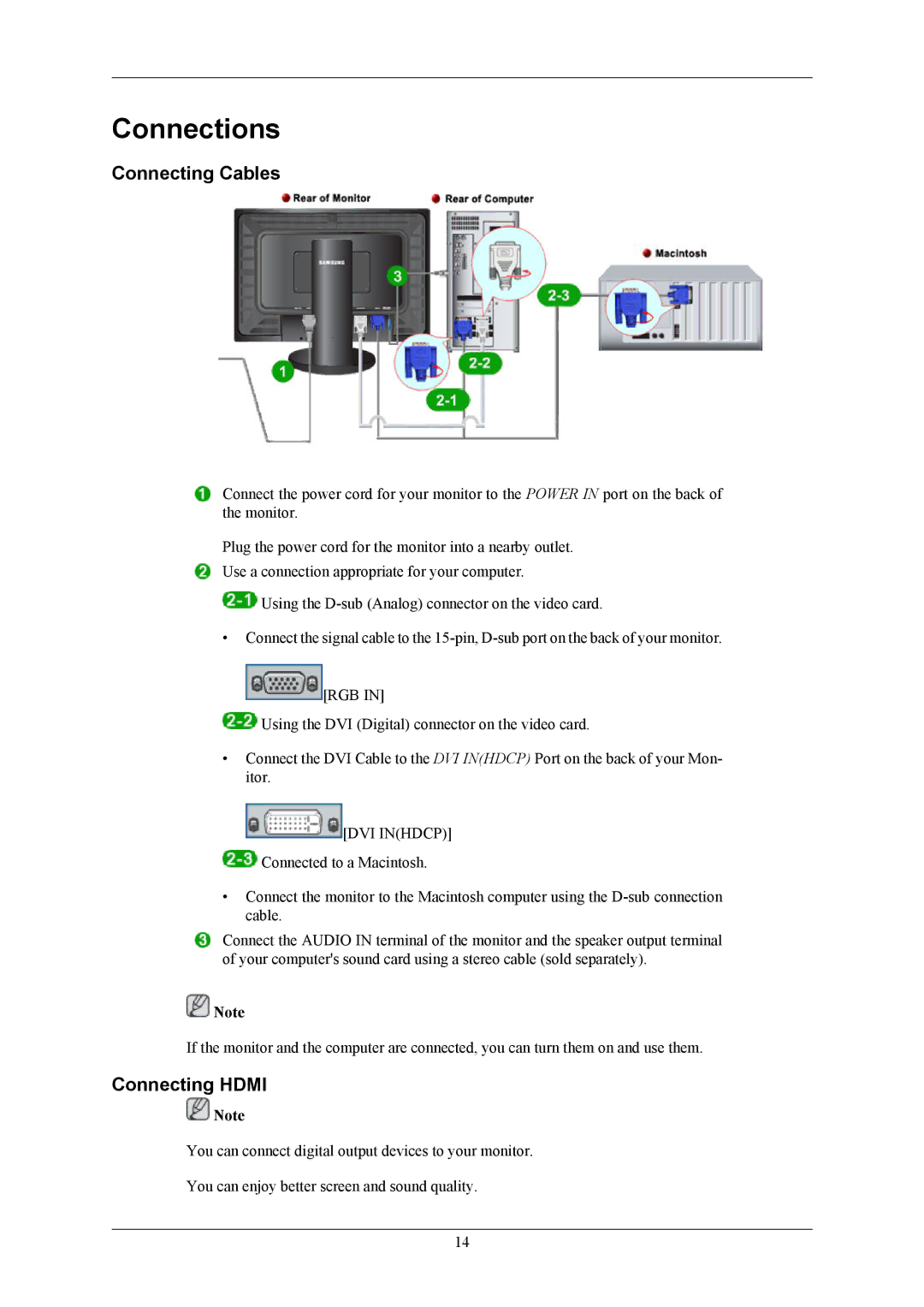 Samsung 2493HM, 2693HM user manual Connections, Connecting Cables, Connecting Hdmi 