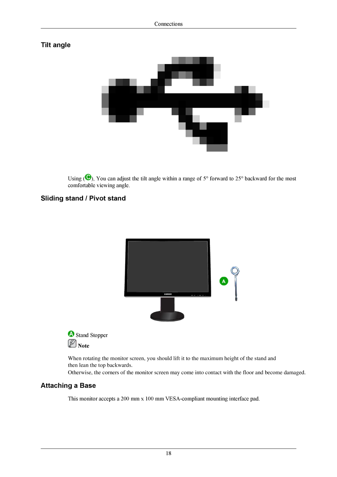 Samsung 2493HM, 2693HM user manual Tilt angle, Sliding stand / Pivot stand, Attaching a Base 