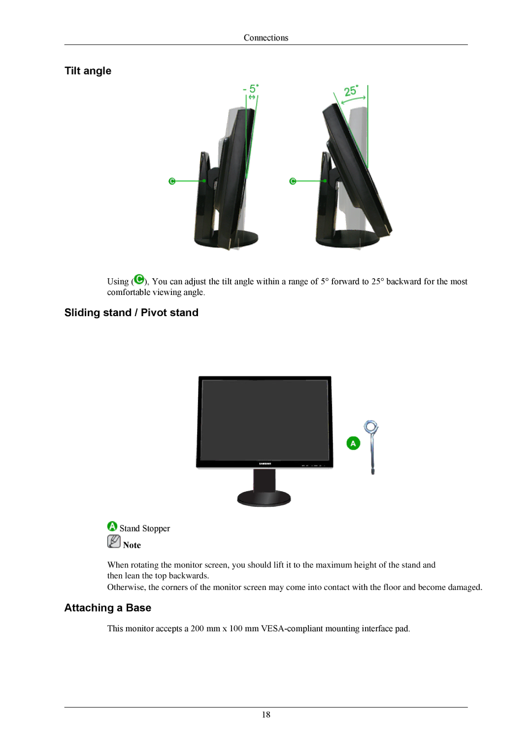 Samsung 2493HM, 2693HM user manual Tilt angle, Sliding stand / Pivot stand, Attaching a Base 