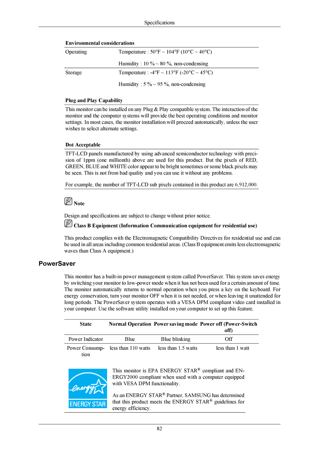 Samsung 2493HM, 2693HM user manual PowerSaver, Environmental considerations, Plug and Play Capability, Dot Acceptable 