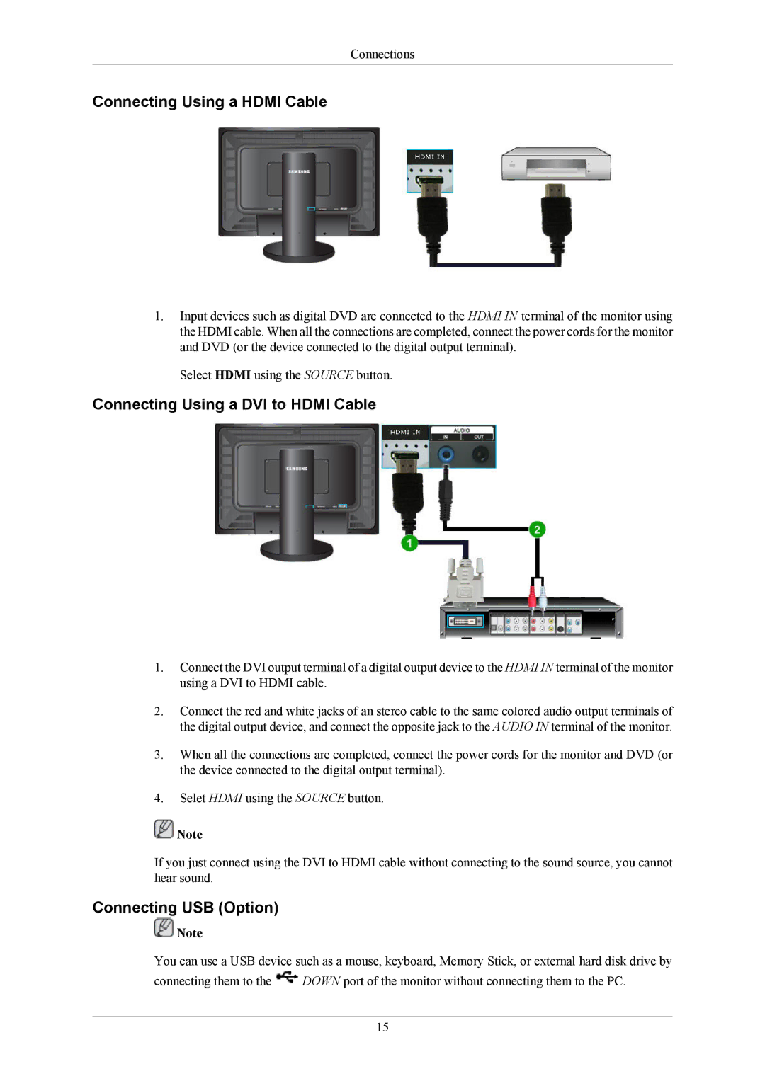 Samsung 2693HM, 2493HM Connecting Using a Hdmi Cable, Connecting Using a DVI to Hdmi Cable, Connecting USB Option 