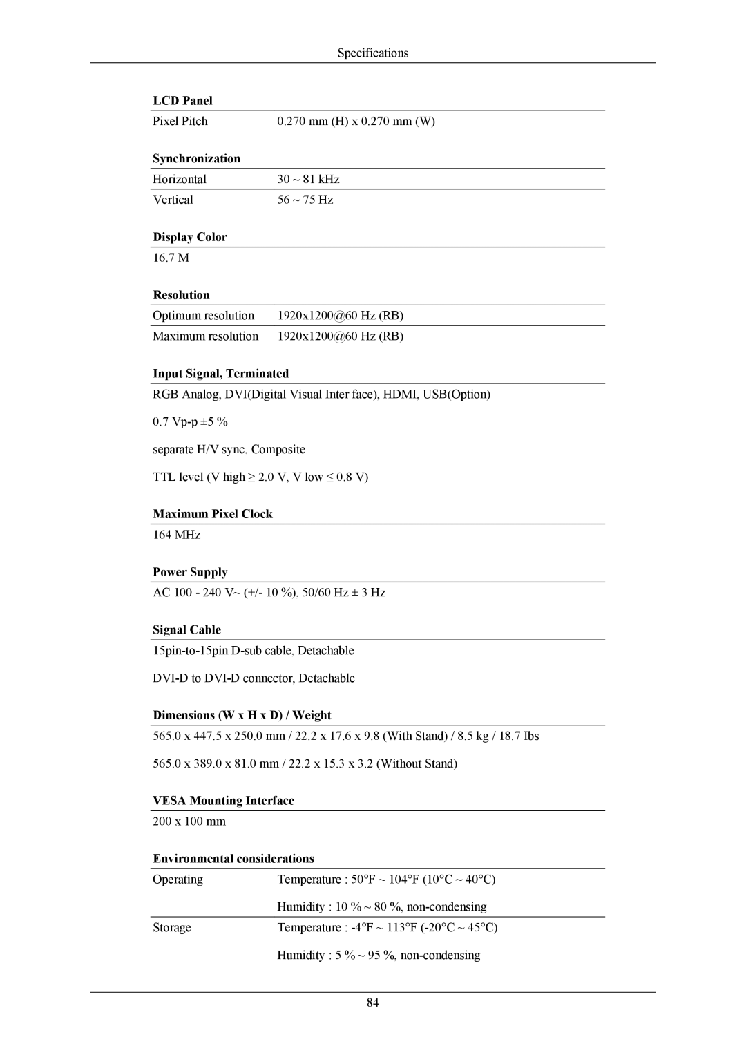 Samsung 2493HM, 2693HM user manual Pixel Pitch Mm H x 0.270 mm W 