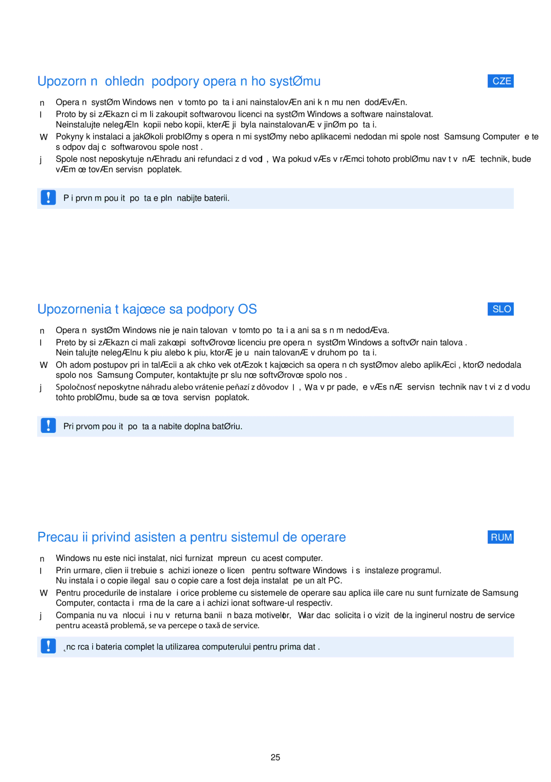 Samsung 275E5V, 275E4V, 270E4V, 270E5V Upozornění ohledně podpory operačního systému, Upozornenia týkajúce sa podpory OS 