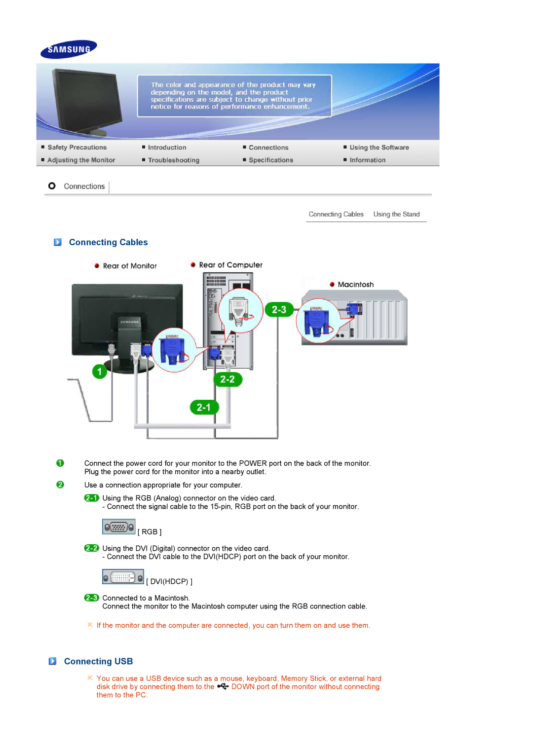 Samsung 275T manual Connecting Cables, Connecting USB 