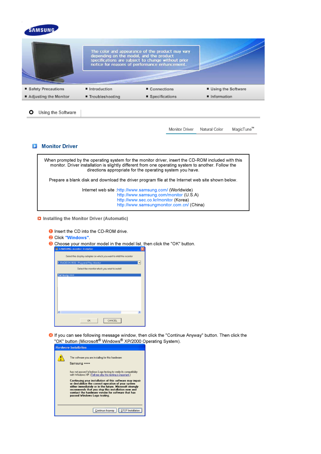 Samsung 275T manual Installing the Monitor Driver Automatic 