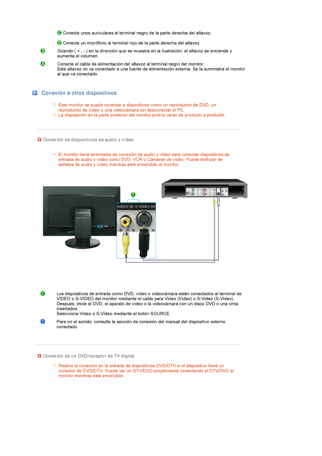 Samsung 275TPLUS quick start Conexión a otros dispositivos, Conexión de dispositivos de audio y vídeo 