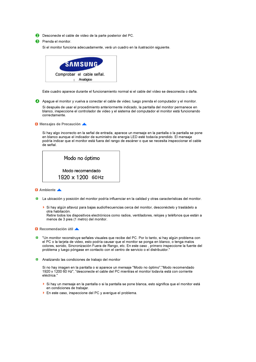 Samsung 275TPLUS quick start Mensajes de Precaución, Ambiente, Recomendación útil 