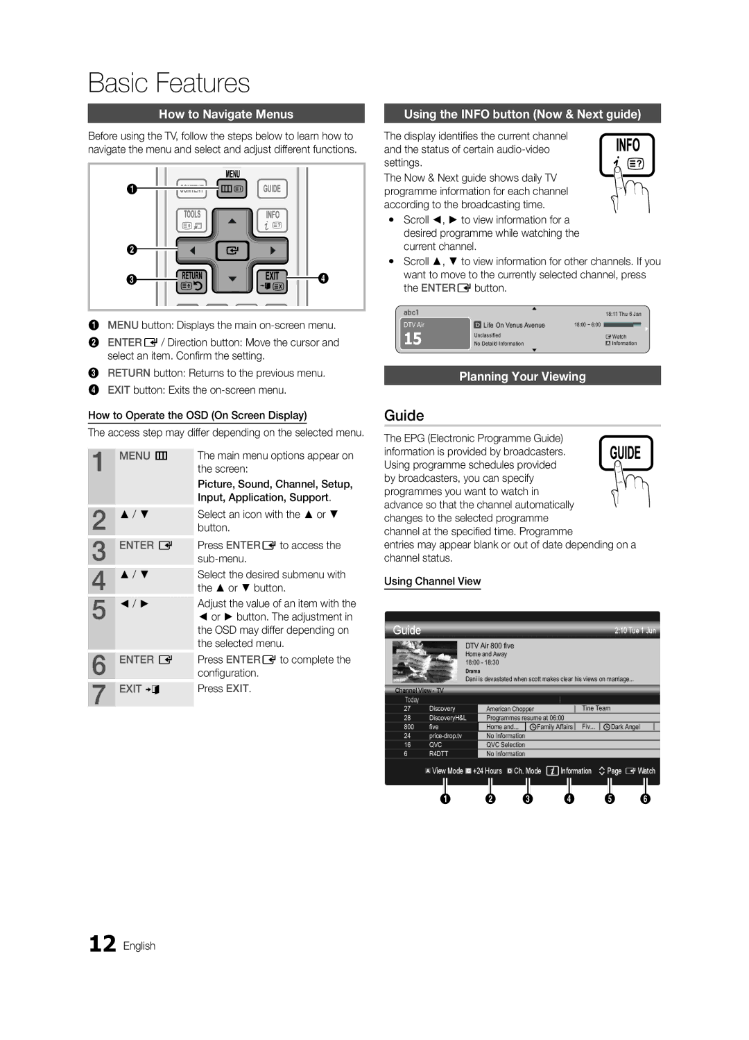 Samsung 300 user manual Guide, How to Navigate Menus, Using the Info button Now & Next guide, Planning Your Viewing 