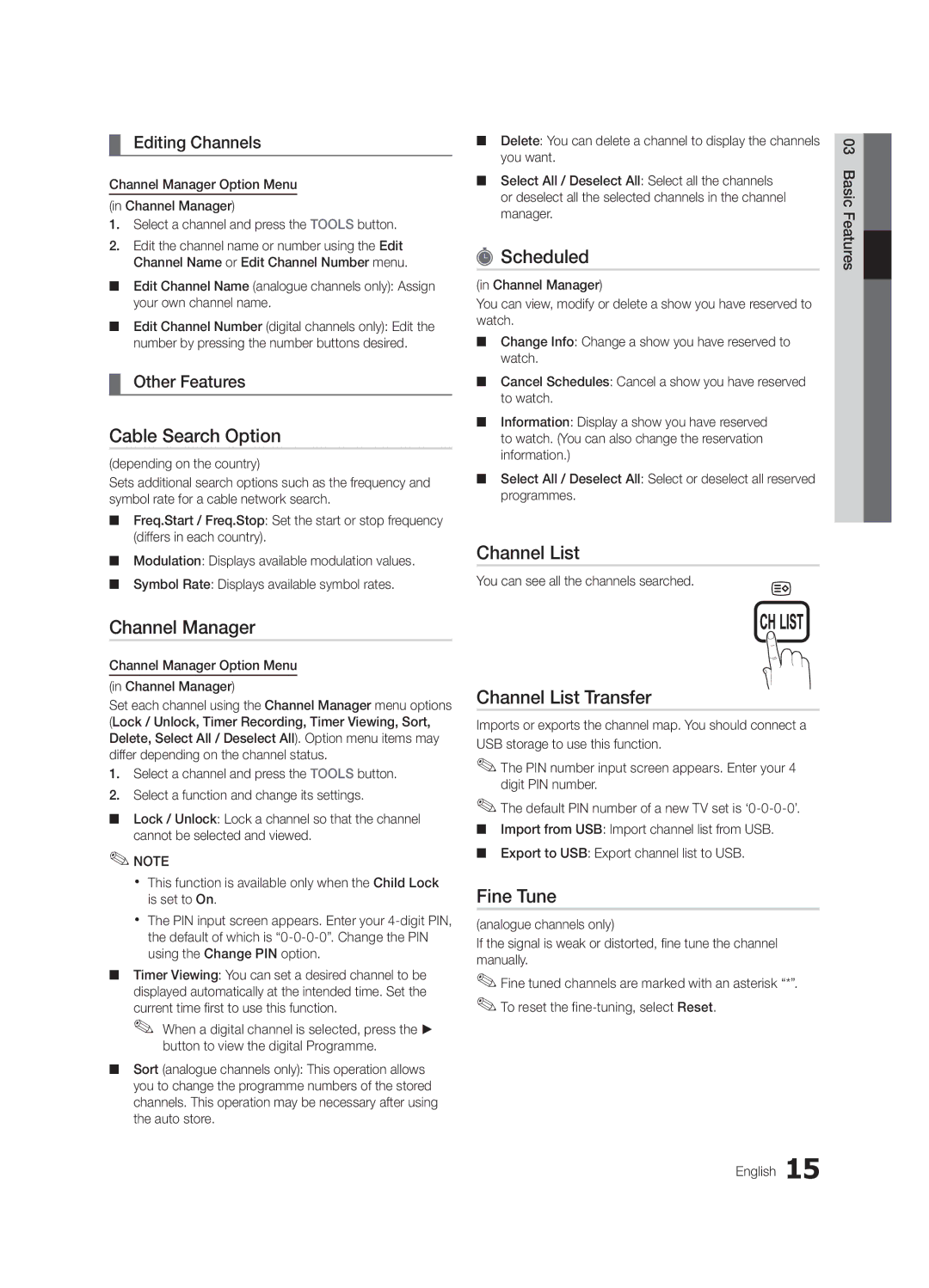 Samsung 300 user manual Cable Search Option, Scheduled, Channel List Transfer, Fine Tune 