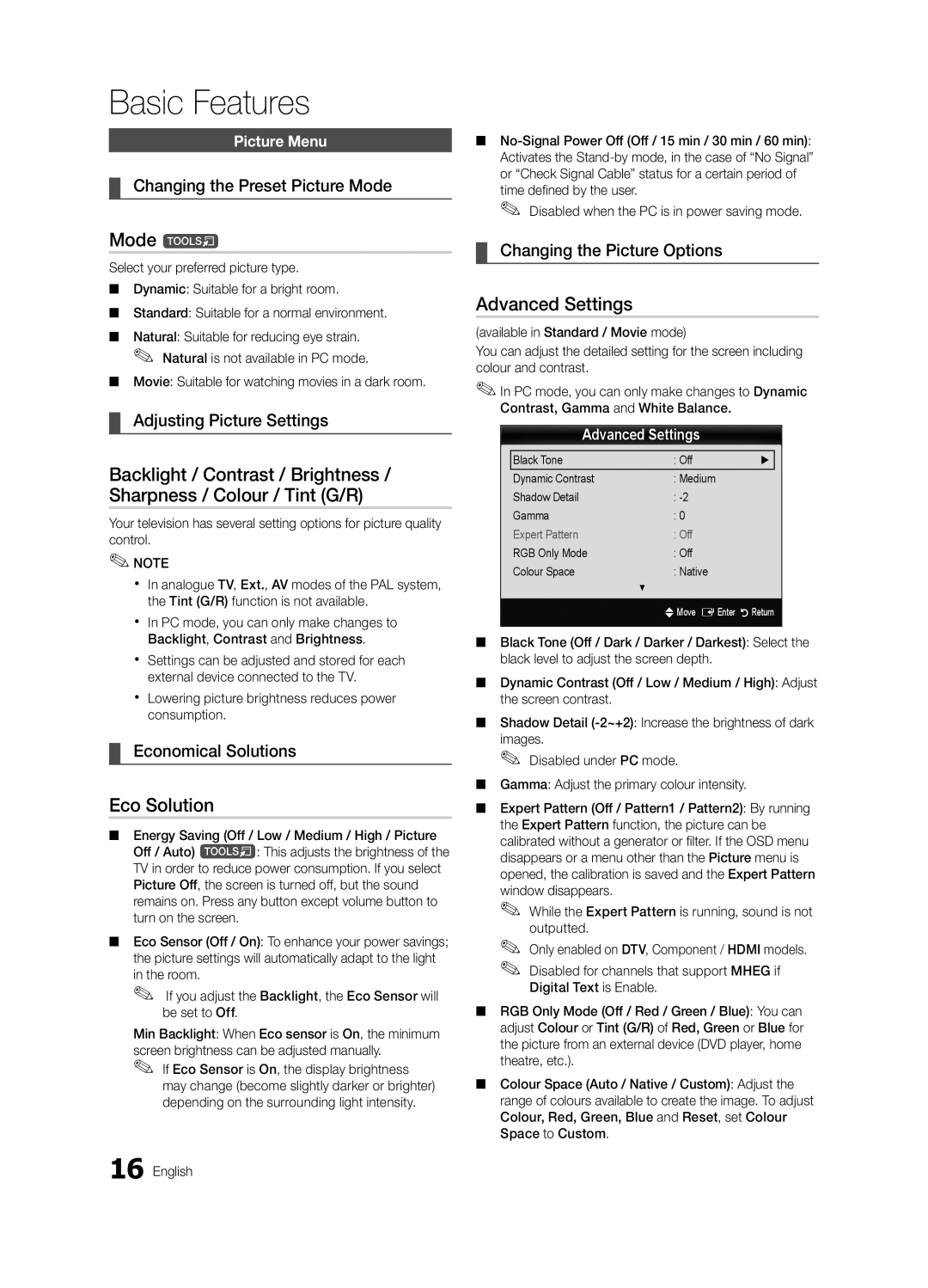 Samsung 300 user manual Mode t, Eco Solution, Advanced Settings 