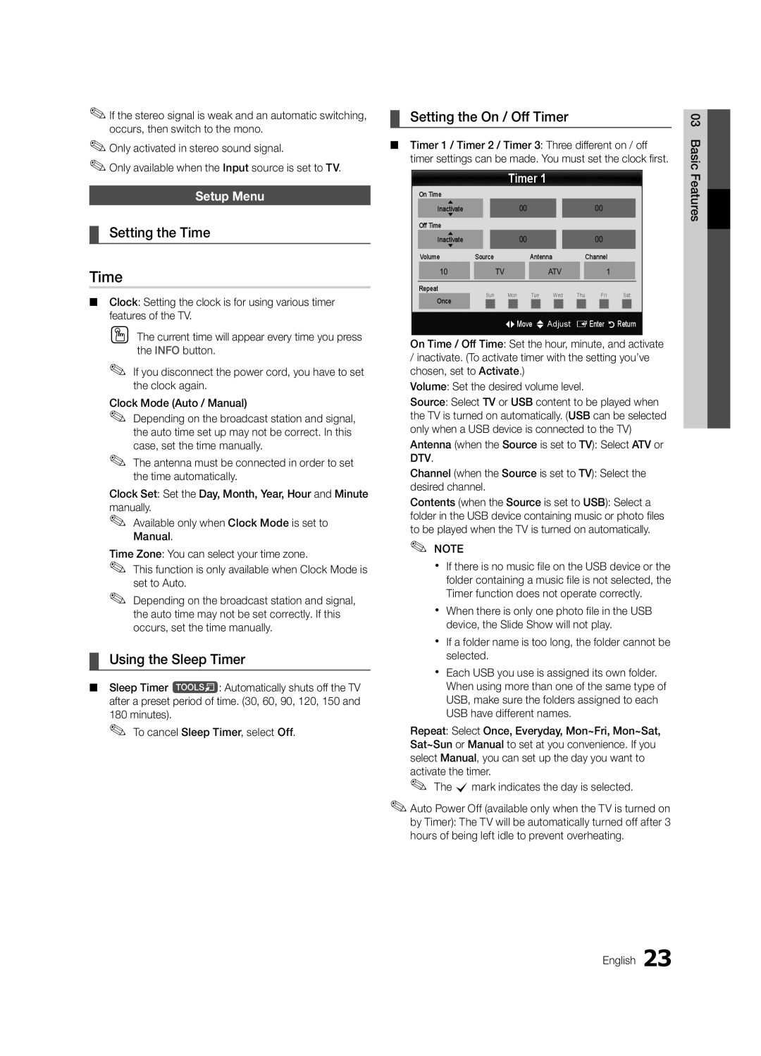 Samsung 300 user manual Setting the Time, Using the Sleep Timer, Setting the On / Off Timer 