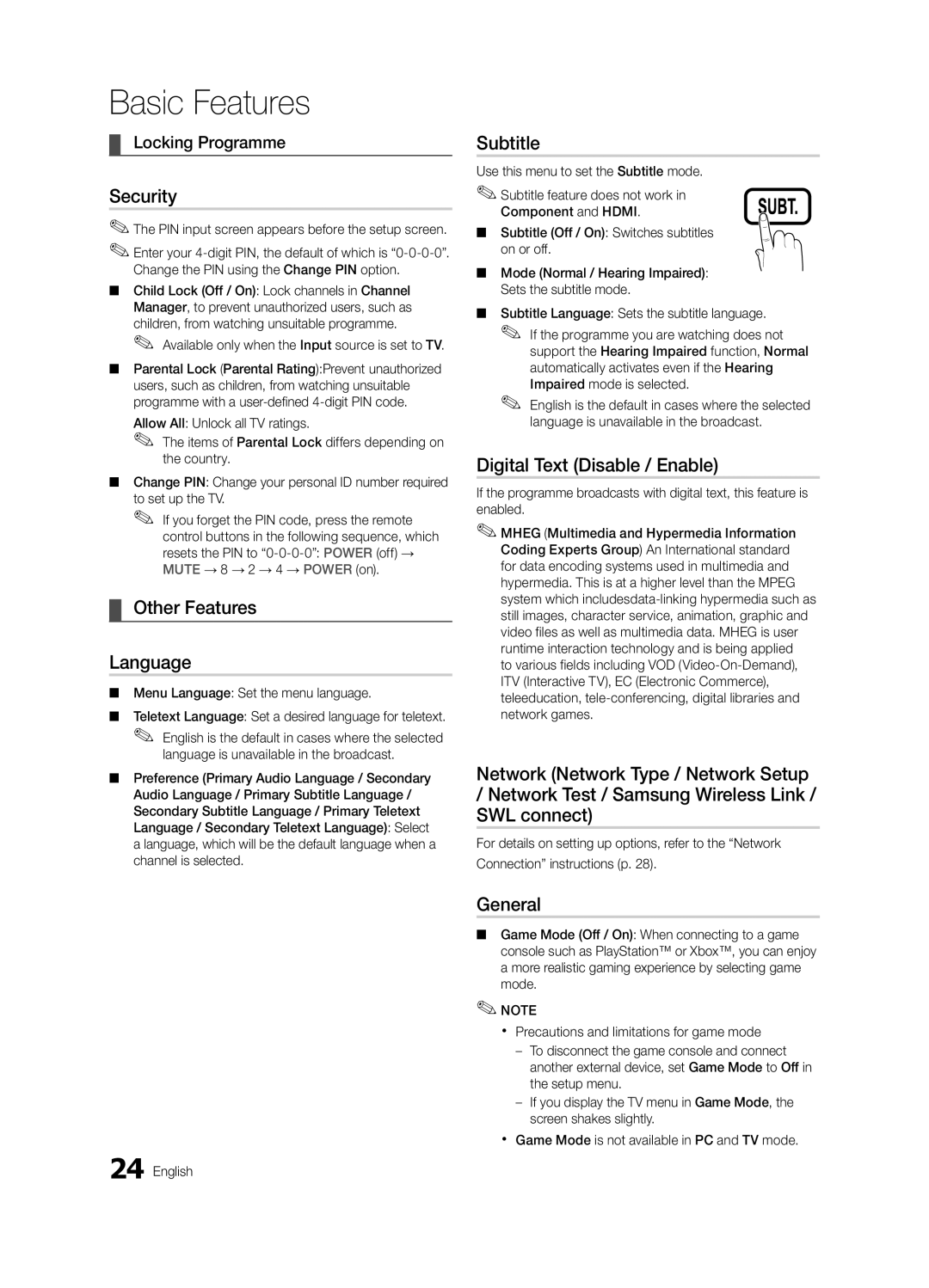 Samsung 300 user manual Security, Other Features Language, Subtitle, Digital Text Disable / Enable, General 