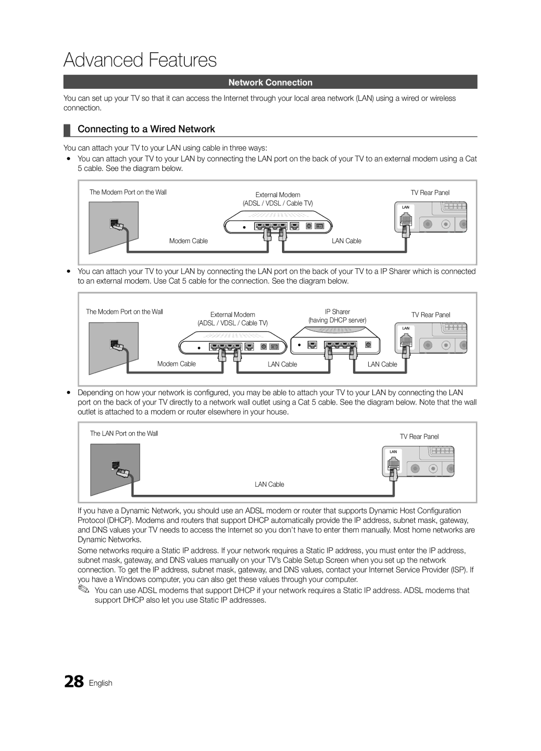 Samsung 300 user manual Connecting to a Wired Network, Network Connection, Modem Port on the Wall, Modem Cable LAN Cable 