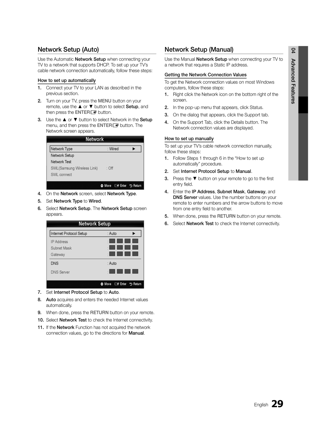 Samsung 300 user manual Network Setup Auto, Network Setup Manual, Network Type Wired Network Setup Network Test 