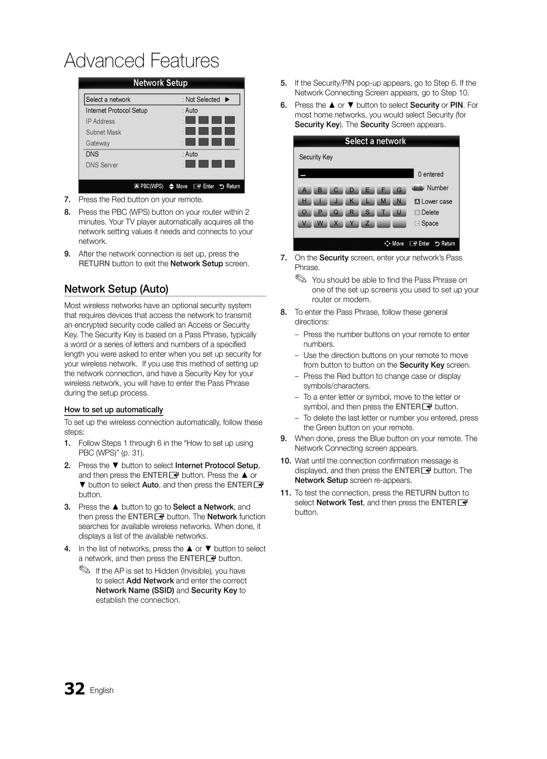 Samsung 300 user manual Select a network, Security Key Entered ~9 Number Lower case Delete Space 