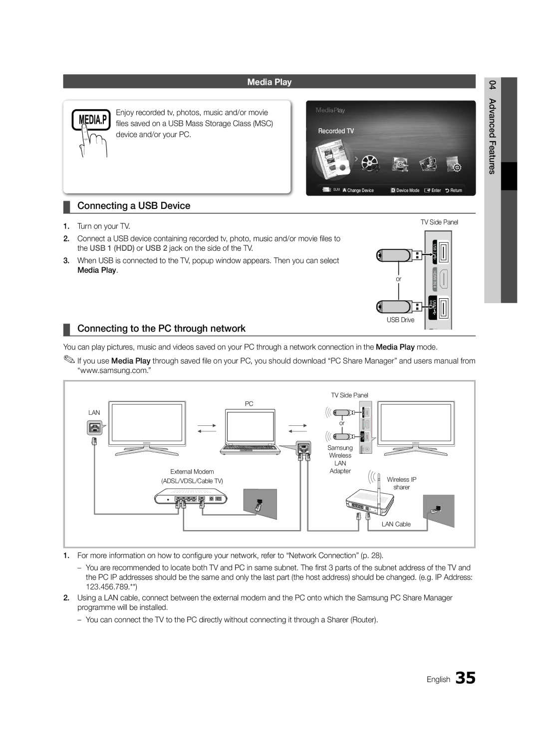 Samsung 300 user manual Connecting a USB Device, Connecting to the PC through network, Media Play, Device and/or your PC 