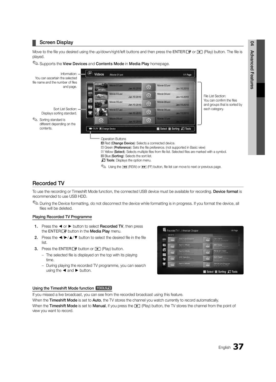 Samsung 300 user manual Recorded TV, Screen Display, Features, Press the /// button to select the desired file in the file 