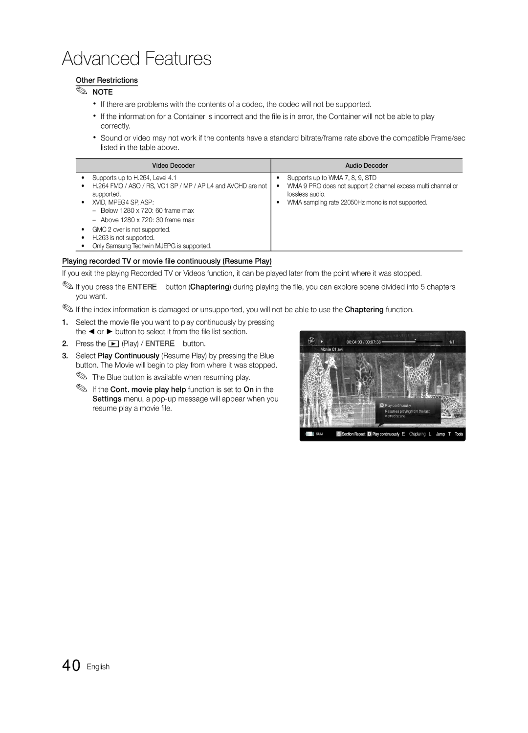 Samsung 300 user manual Supported Lossless audio, WMA sampling rate 22050Hz mono is not supported 