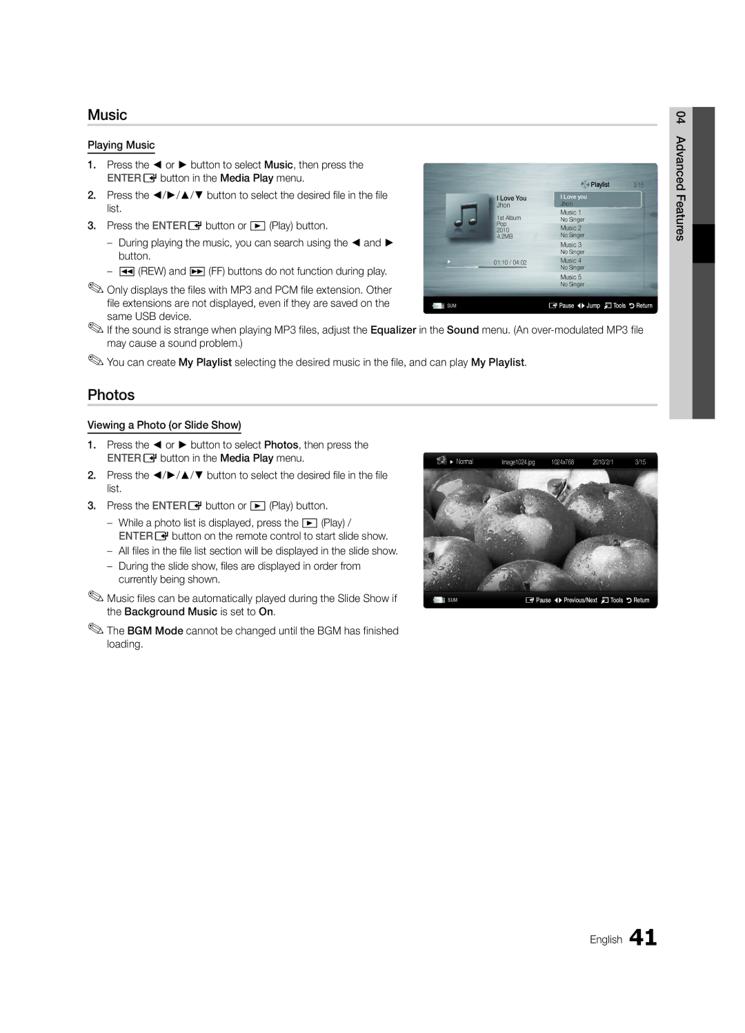 Samsung 300 user manual Music, Photos 