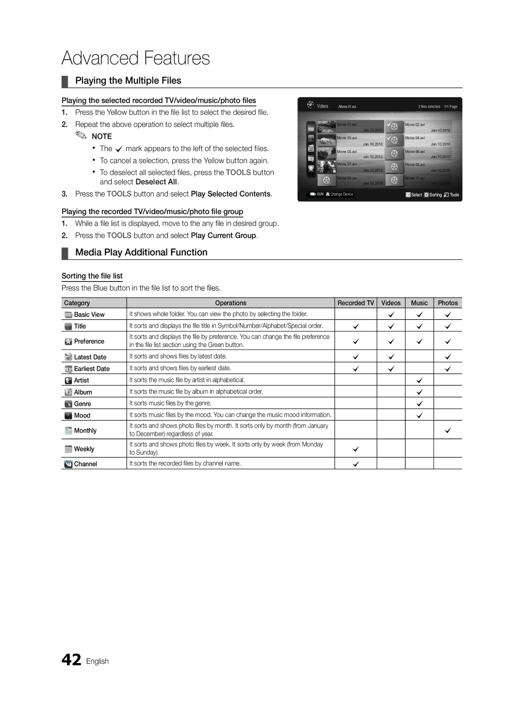 Samsung 300 user manual Playing the Multiple Files, Media Play Additional Function 