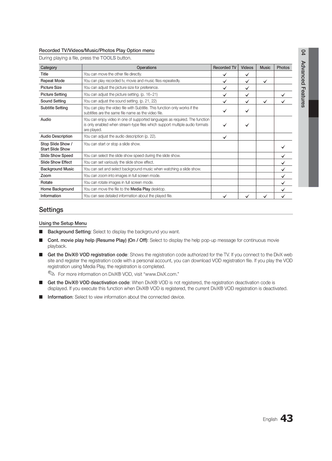 Samsung 300 user manual Settings, Subtitles are the same file name as the video file Audio 