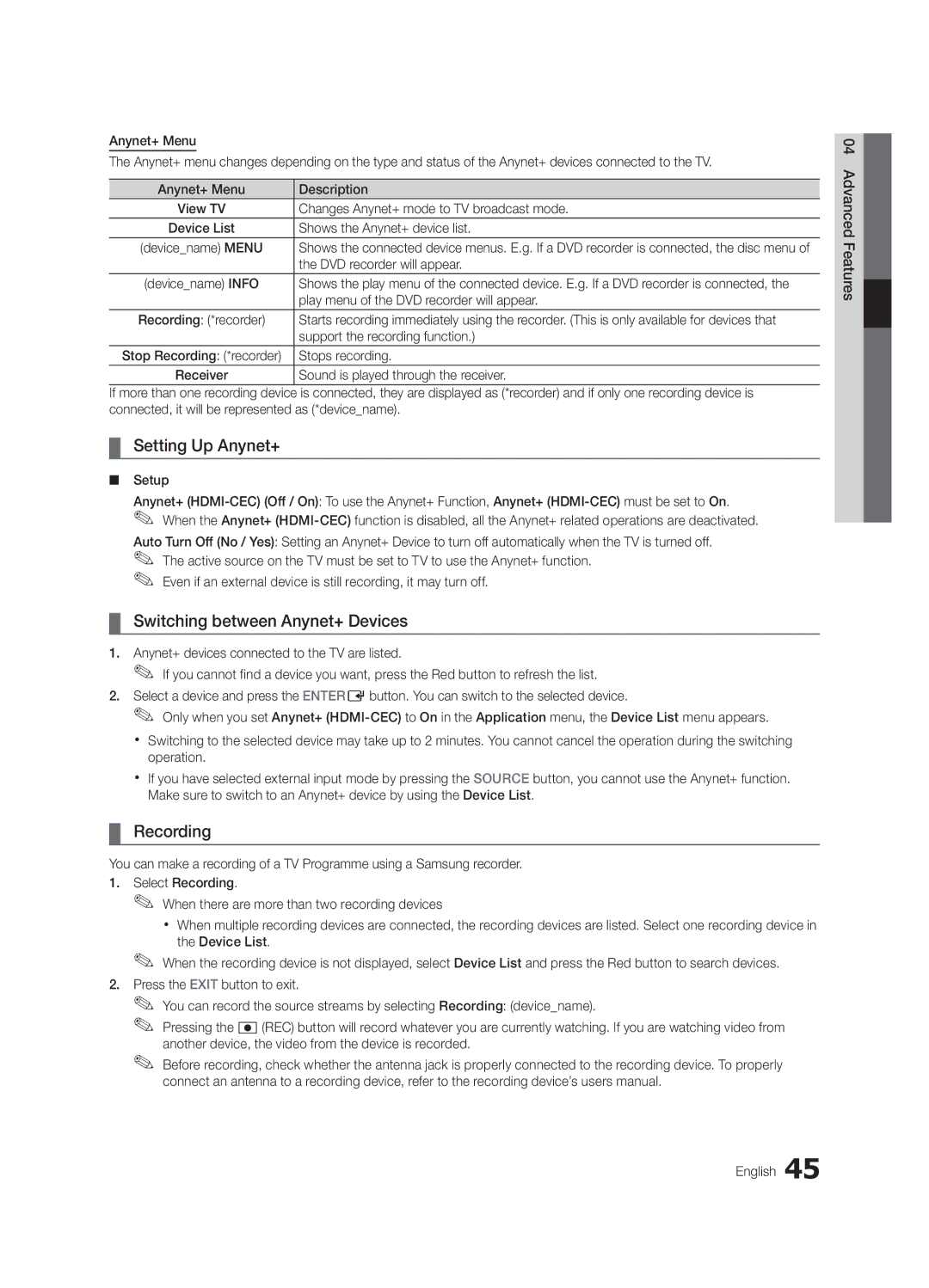 Samsung 300 user manual Setting Up Anynet+, Switching between Anynet+ Devices, Recording 