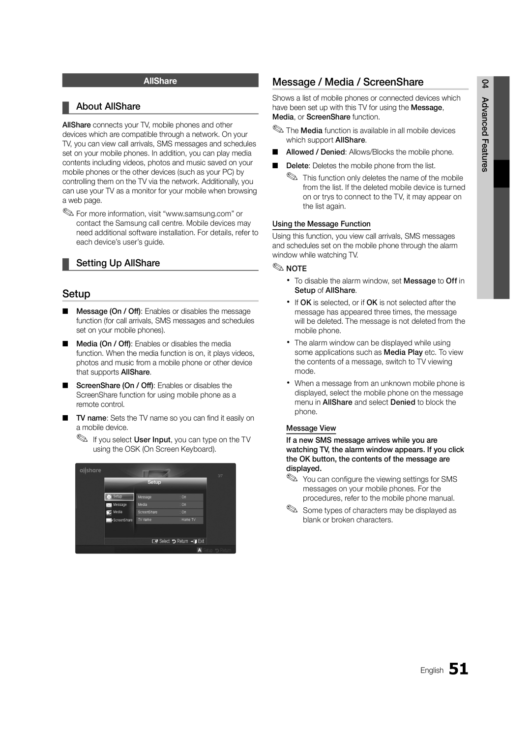 Samsung 300 user manual Setup, Message / Media / ScreenShare, About AllShare, Setting Up AllShare 