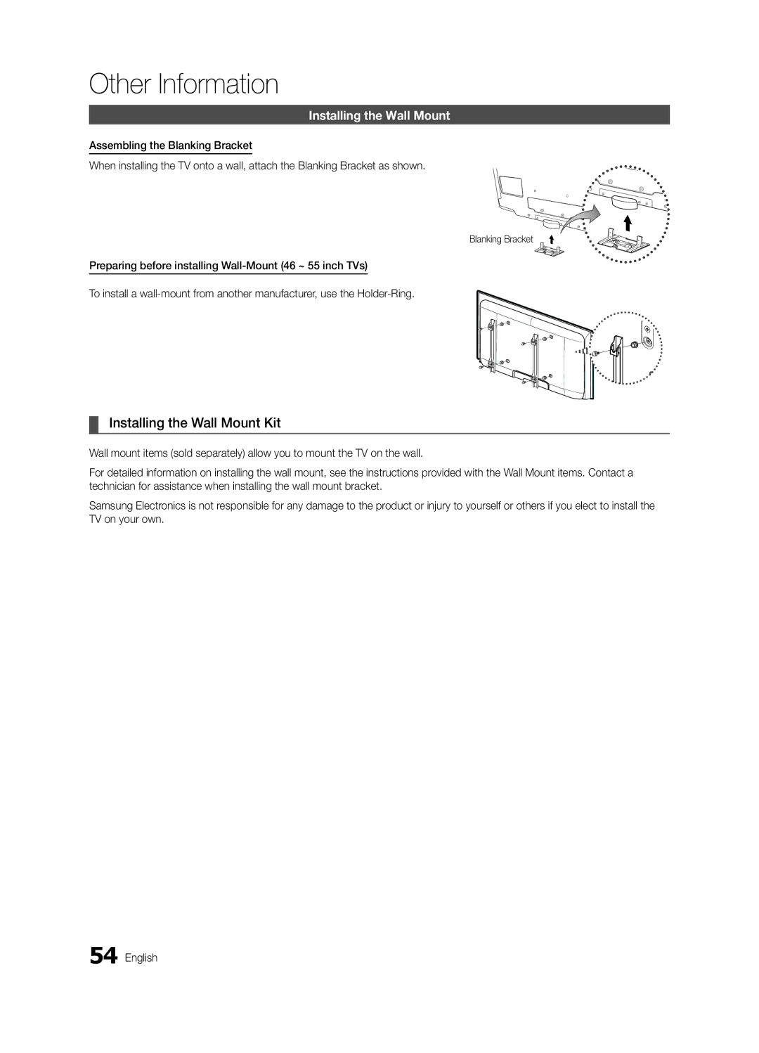 Samsung 300 user manual Installing the Wall Mount Kit, Blanking Bracket 