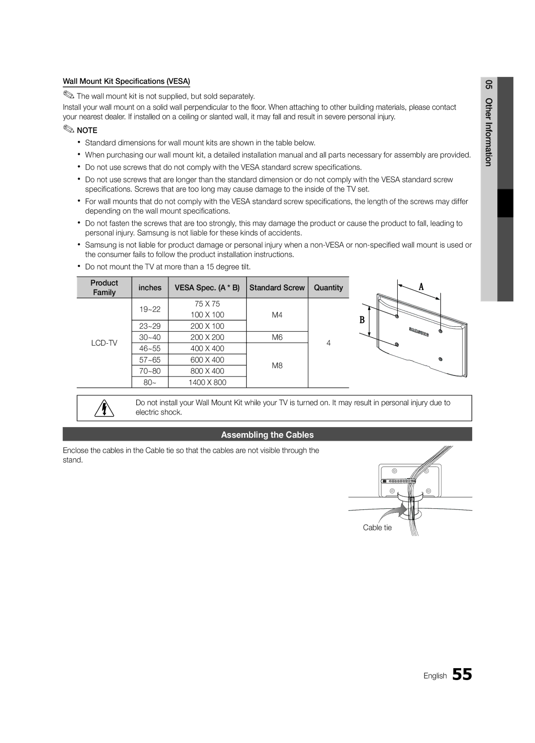 Samsung 300 user manual Assembling the Cables, Quantity, Family, 80~ 