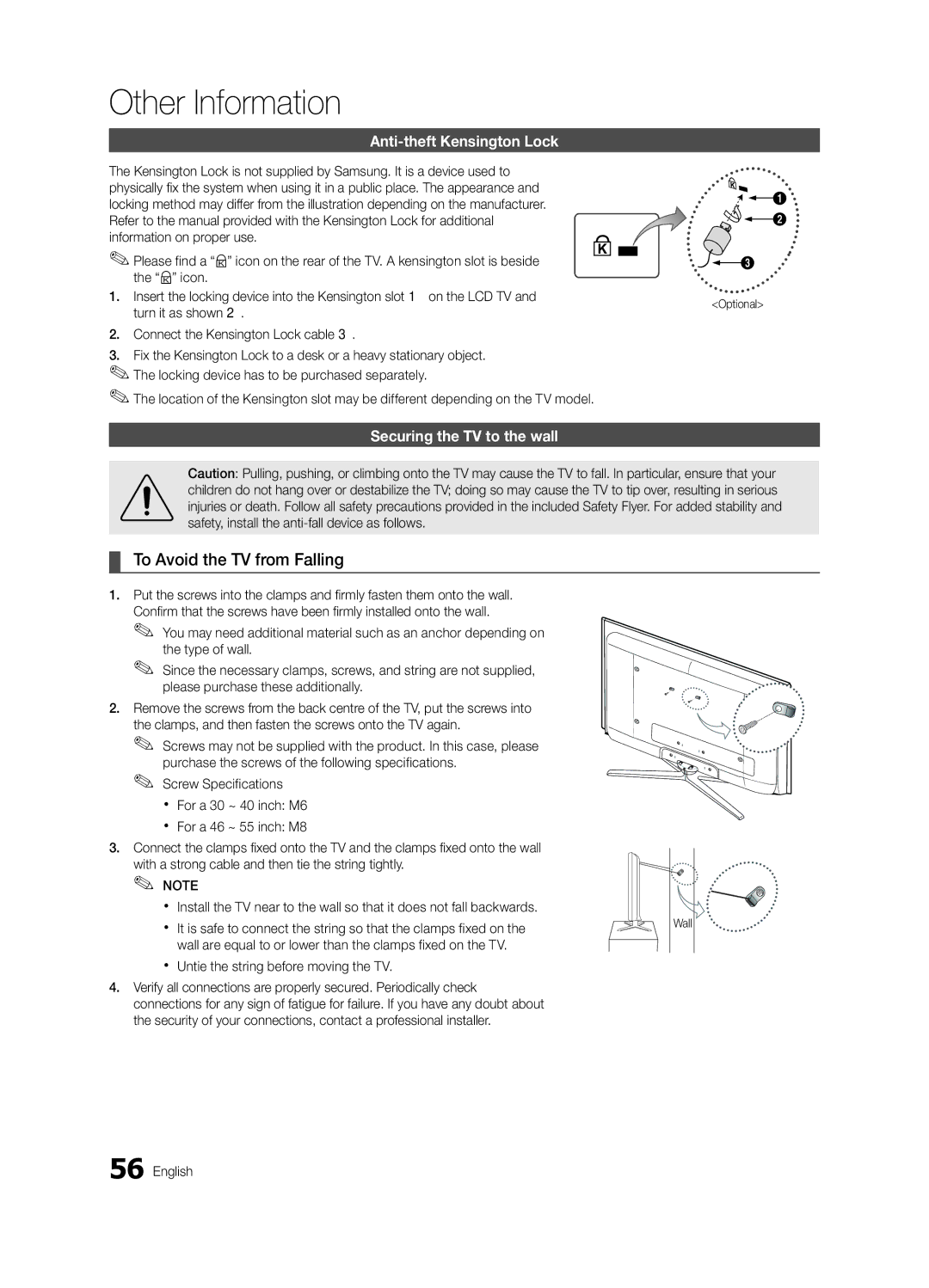 Samsung 300 user manual To Avoid the TV from Falling, Anti-theft Kensington Lock, Securing the TV to the wall, Optional 