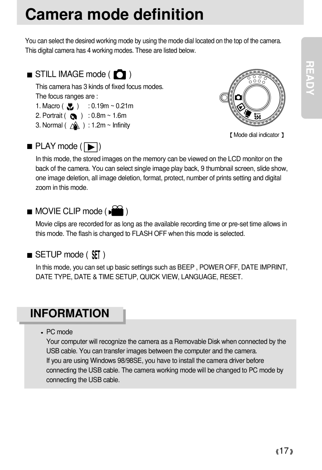 Samsung 300 manual Camera mode definition, Still Image mode, Movie Clip mode, Setup mode 