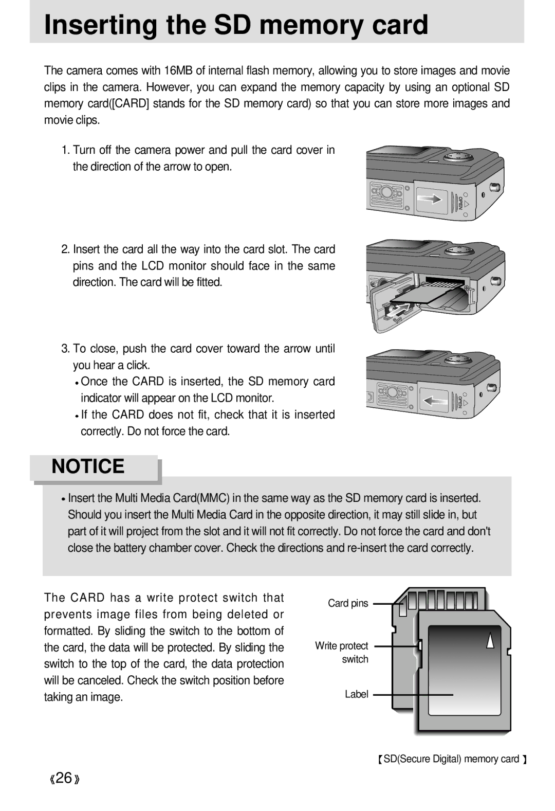 Samsung 300 manual Inserting the SD memory card 