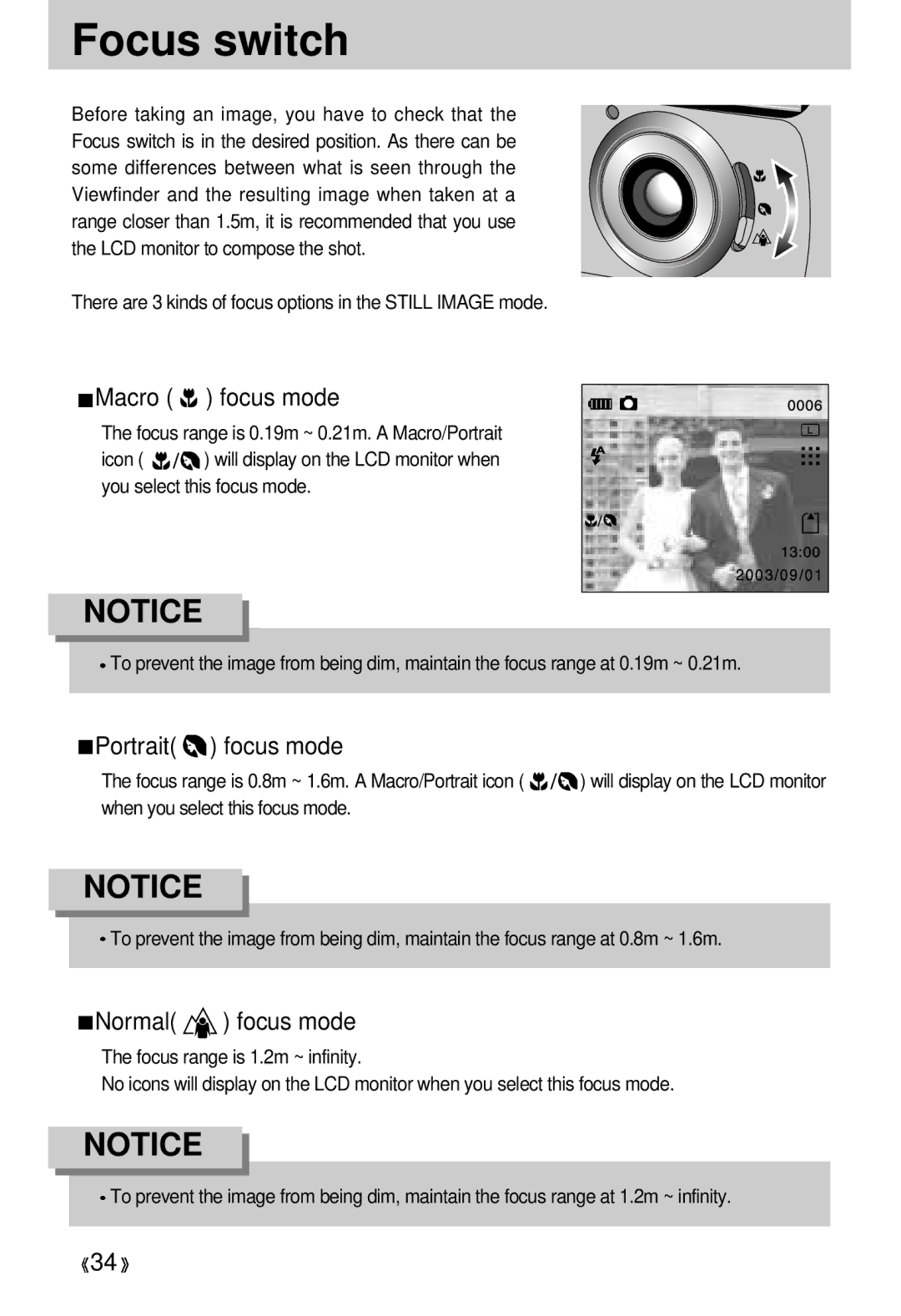 Samsung 300 manual Focus switch, Macro focus mode, Portrait focus mode, Normal focus mode 