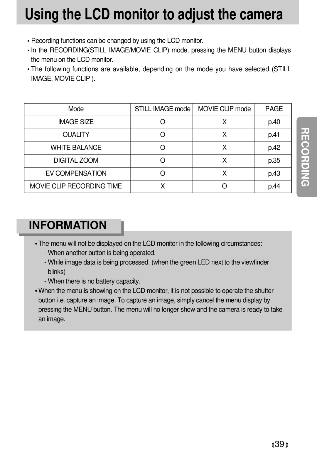 Samsung 300 manual Using the LCD monitor to adjust the camera, Movie Clip mode 