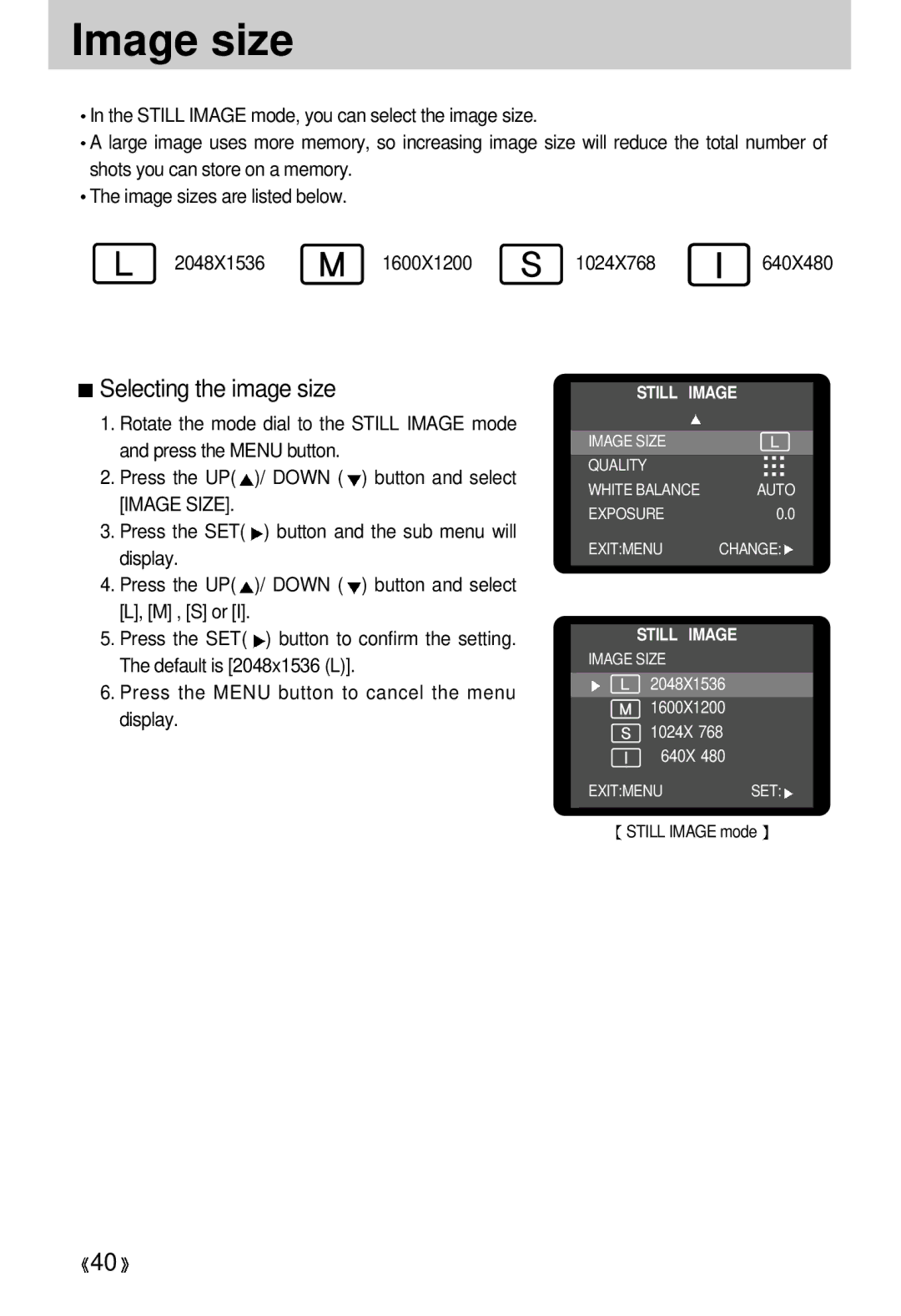 Samsung 300 manual Image size, Selecting the image size 