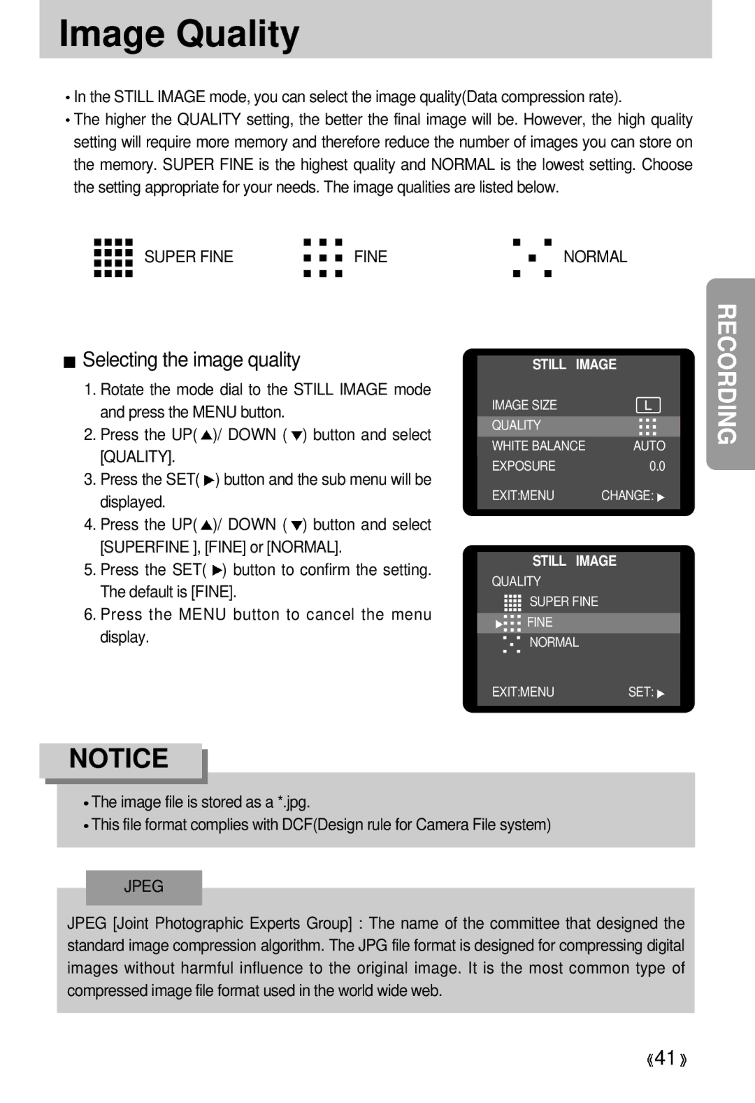 Samsung 300 manual Image Quality, Selecting the image quality 