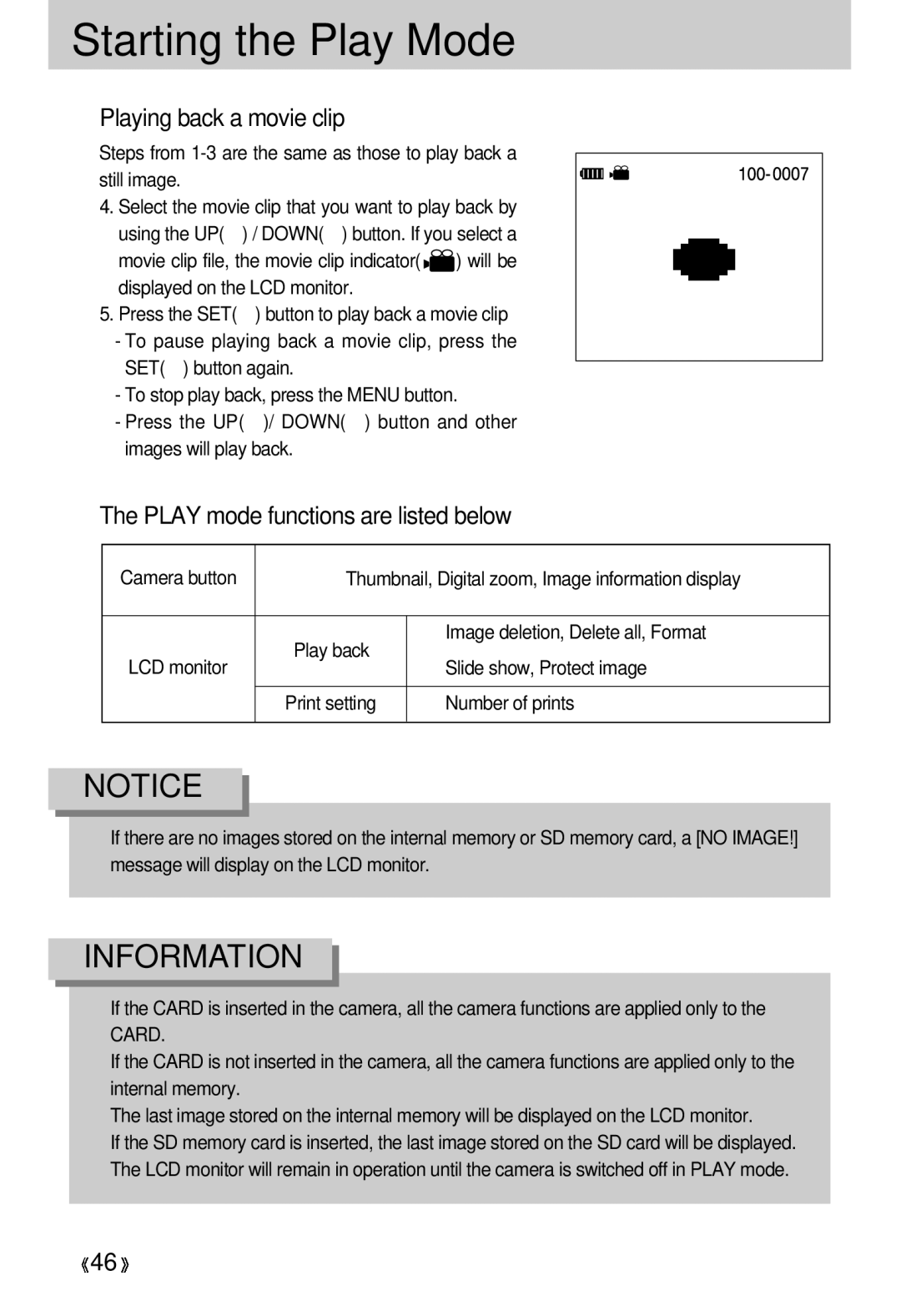 Samsung 300 manual Playing back a movie clip, Play mode functions are listed below, Image deletion, Delete all, Format 