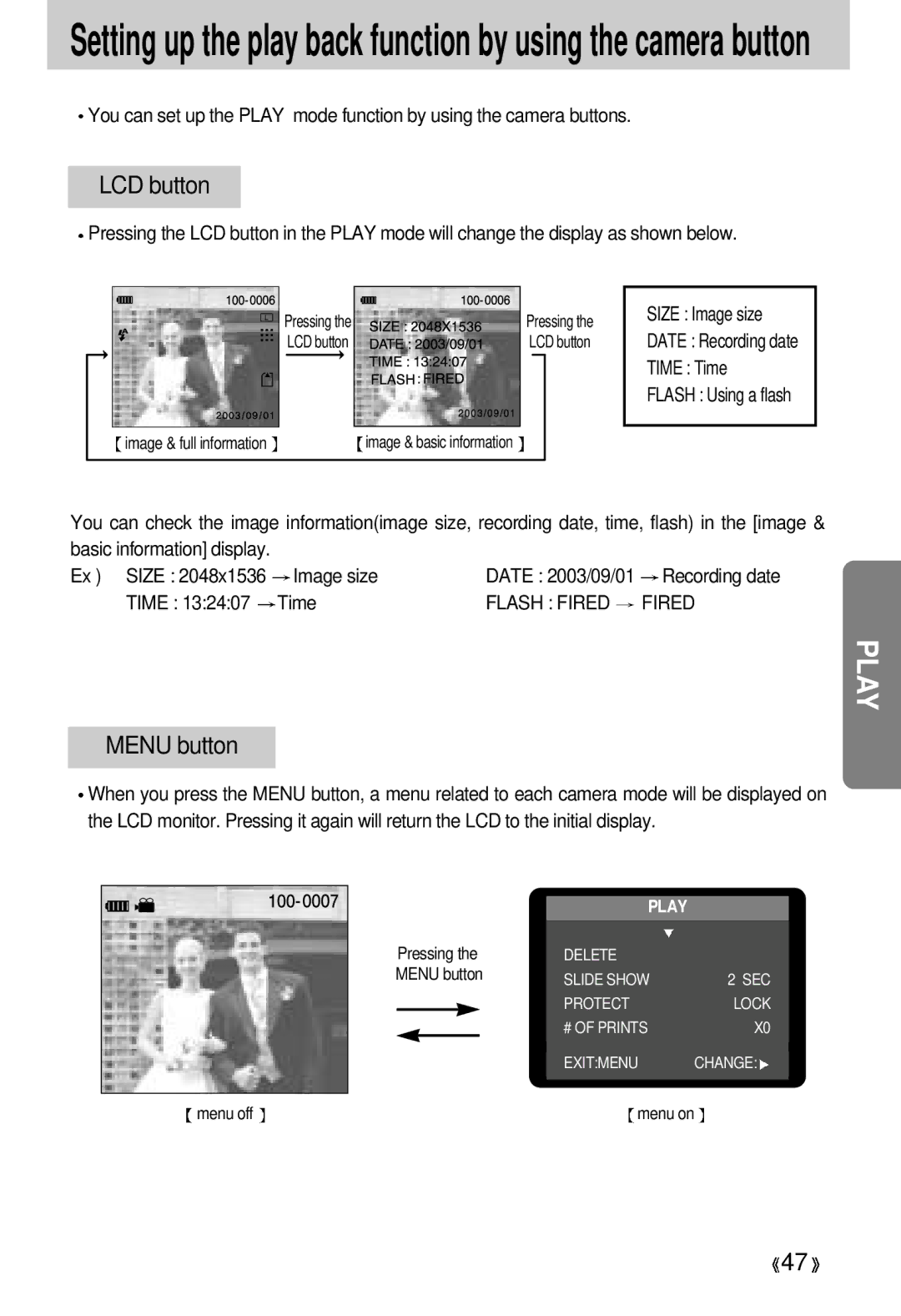 Samsung 300 manual LCD button, Ex Size Image size 