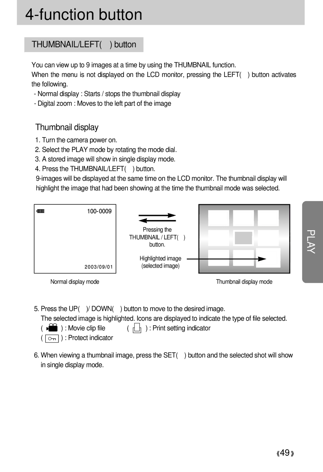 Samsung 300 manual THUMBNAIL/LEFT button, Thumbnail display 