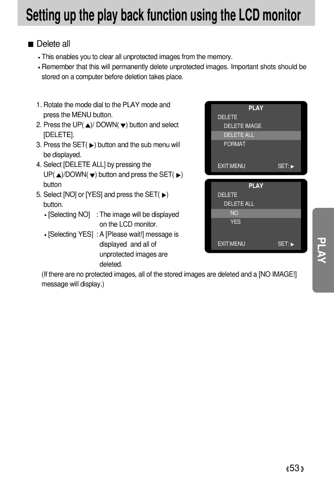 Samsung 300 manual Delete all, Deleted and a no Image 