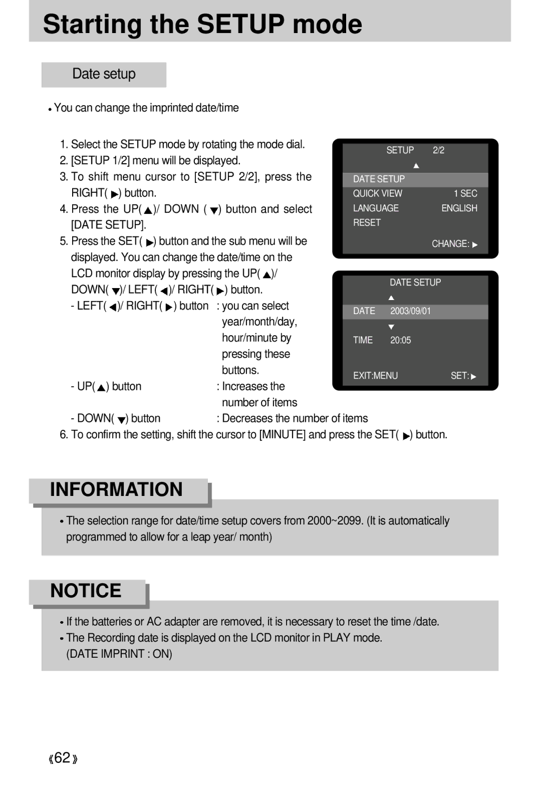 Samsung 300 manual Date setup 