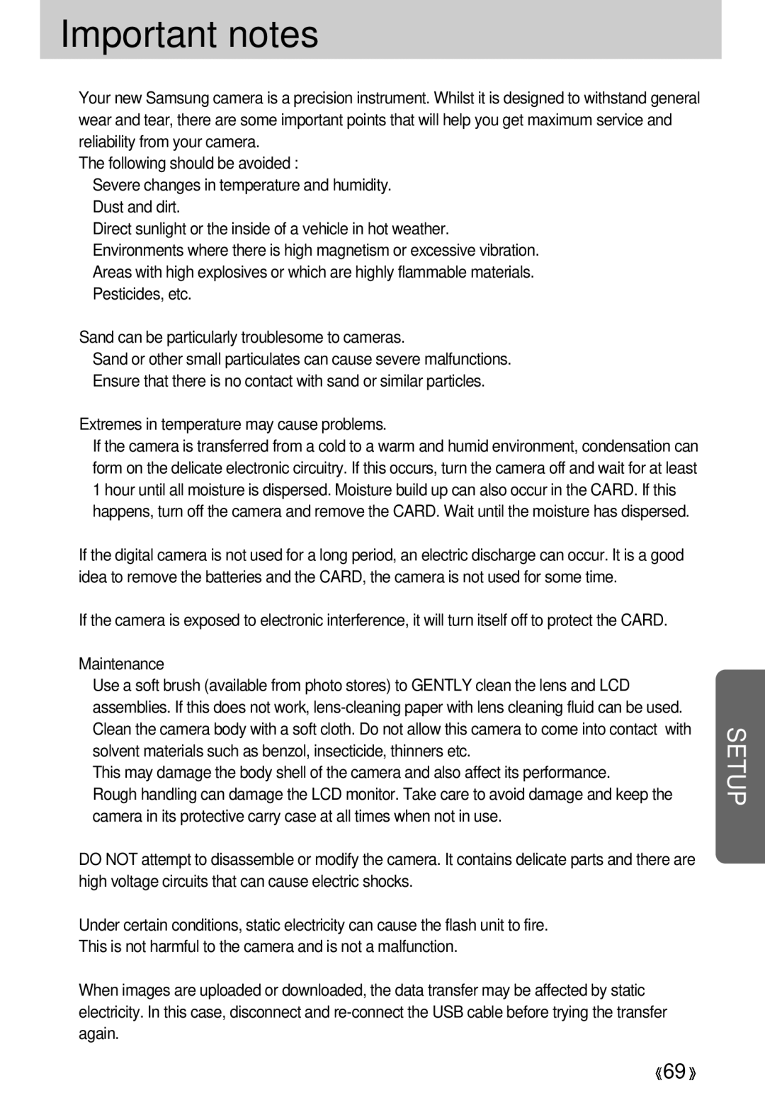 Samsung 300 manual Important notes, Maintenance 